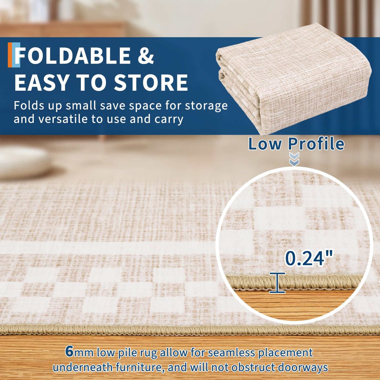 GarveeHome 5x7 Washable Area Rug for Bedroom Living Room Non Slip Modern Bordered Throw Rugs Low Pile Soft Checkered Dining Room Area Rugs Geometric Throw Carpet for Kitchen Nursery Office, Beige