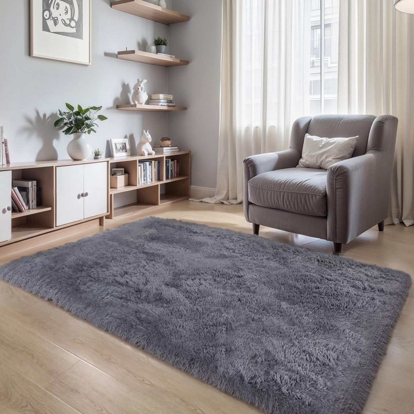 KICHOWUA Thick Area Rug Grey Fluffy Shag 3x5 for Bedroom, Ultra Soft Plush Fuzzy Washable Throw Carpet, Modern Non Slip Cozy Furry Shaggy Rug for Living Room Kids Baby Nursery College Dorm