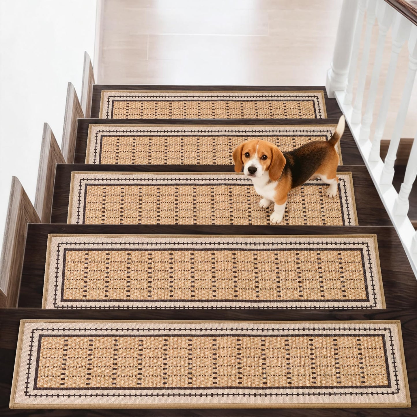 Mollydot Stair Treads Non Slip 15PCS - 8"x30" Indoor Stair Runners for Wooden Steps, Soft Carpet Stair Treads, Edging Stair Rugs, Peel and Stick Stair Treads Washable Reusable Self-Adhesive (Beige)