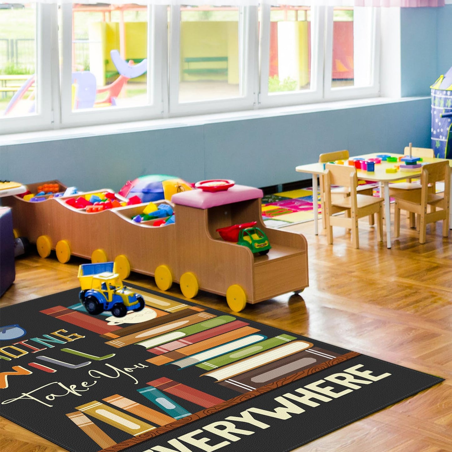 HunnmingRe Vintage Classroom School Rug Library Rug Bookshelf Area Mat Washable Non Slip Soft Fluffy Mat for Classroom Library Living Room Bedroom, 5 x 7 Feet