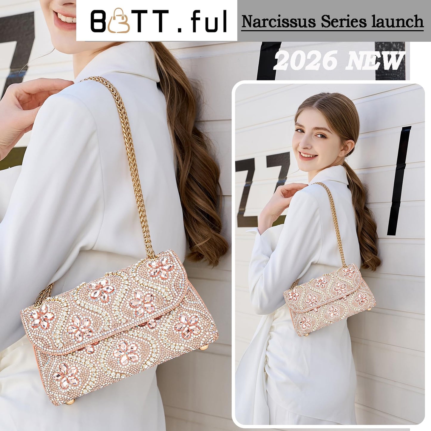 BBTT.ful Flower Evening Handbags Chain Strap Square Shoulder Bag Crossbody Bag Crystals Rhinestone Clutch Purse (pink champagne)