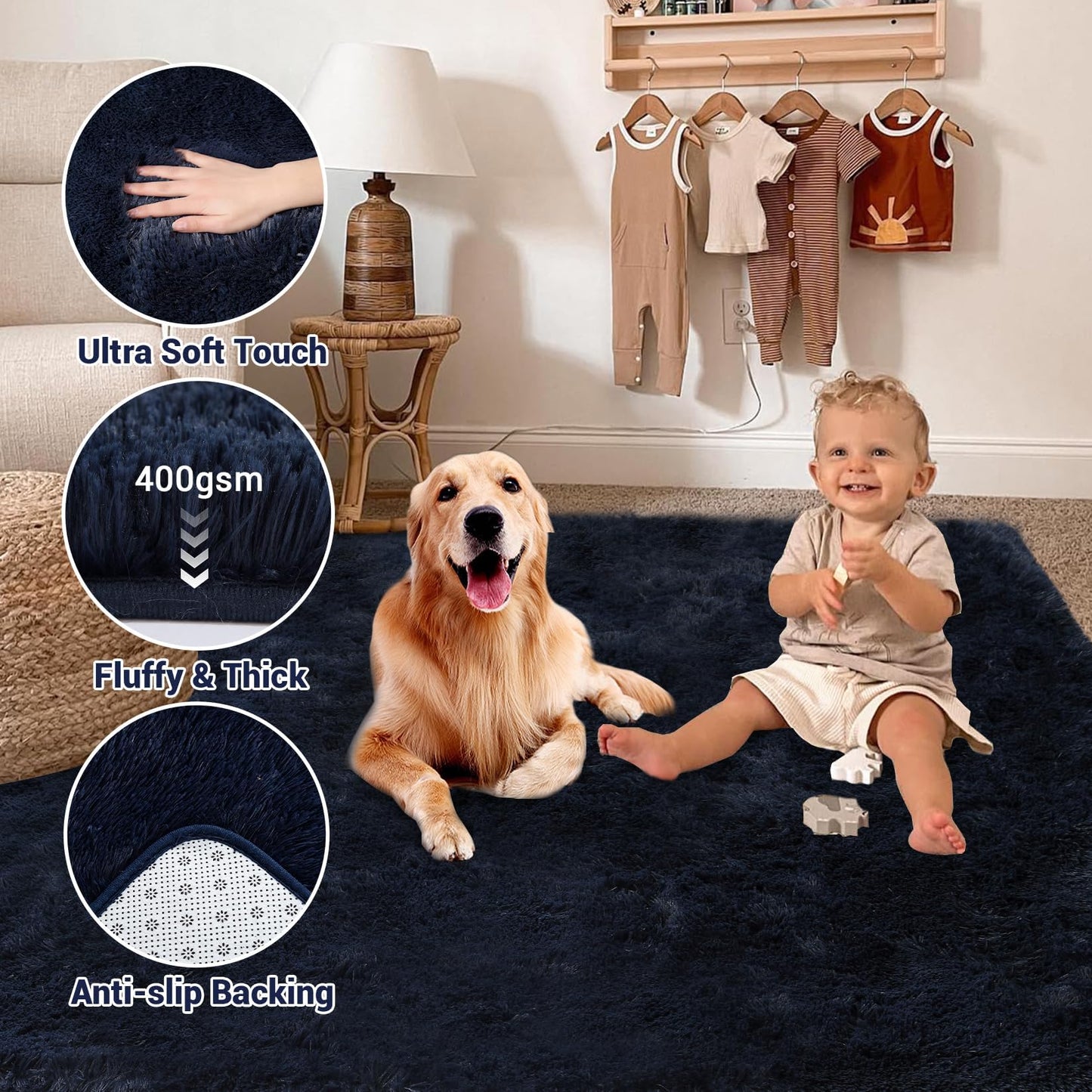 Garvee 8'x10' Oversized Fluffy Area Rug, Tie-Dye Luxury Shag Carpet for Living Room, Large Fuzzy Plush Rug for Basement & Family Room, Non-Slip, Bedroom Decor, Dark Navy