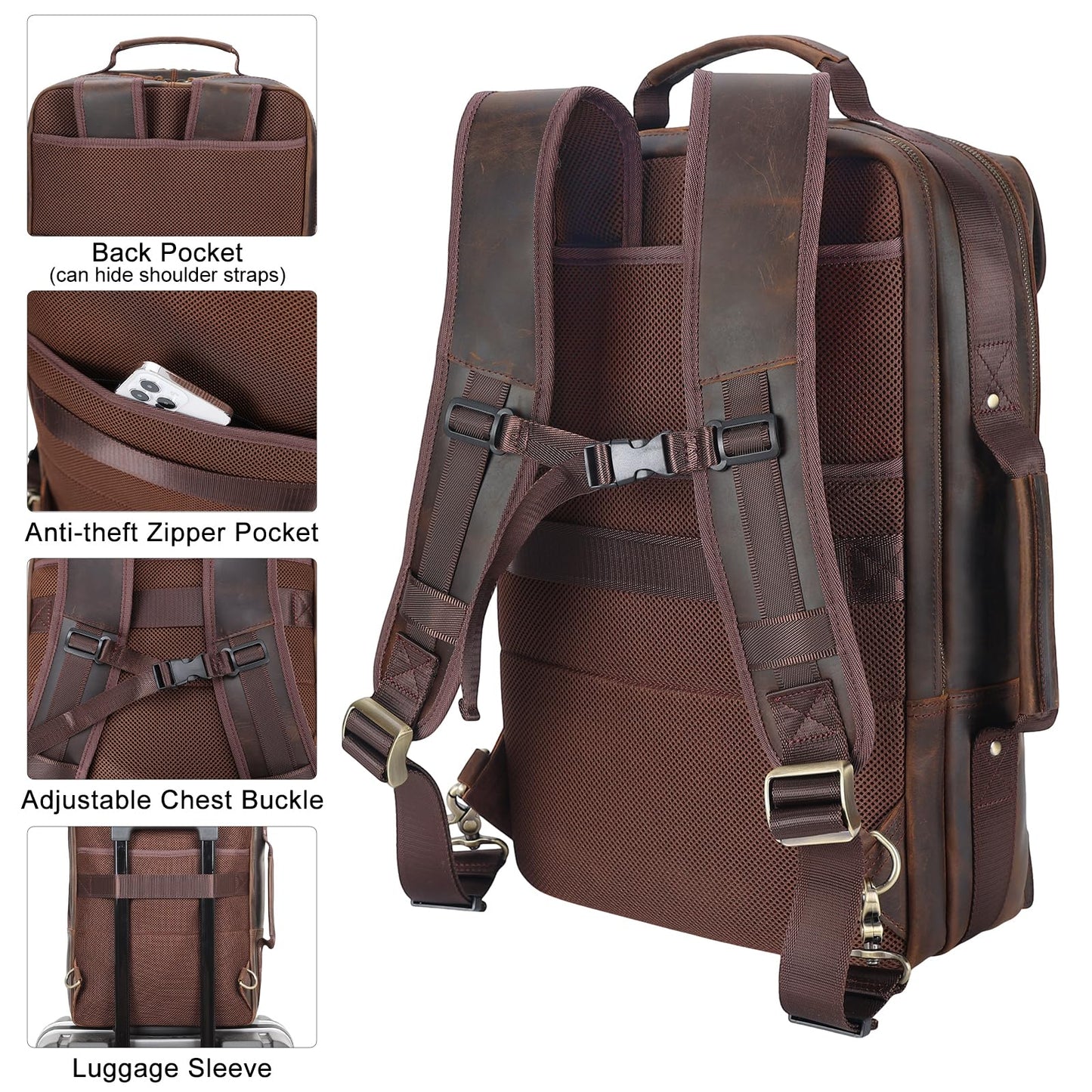 TIDING Full Grain Leather 17.3 Inch Laptop Backpack for Men, Convertible Business Briefcase Weekender Camping Bag Travel Rucksack