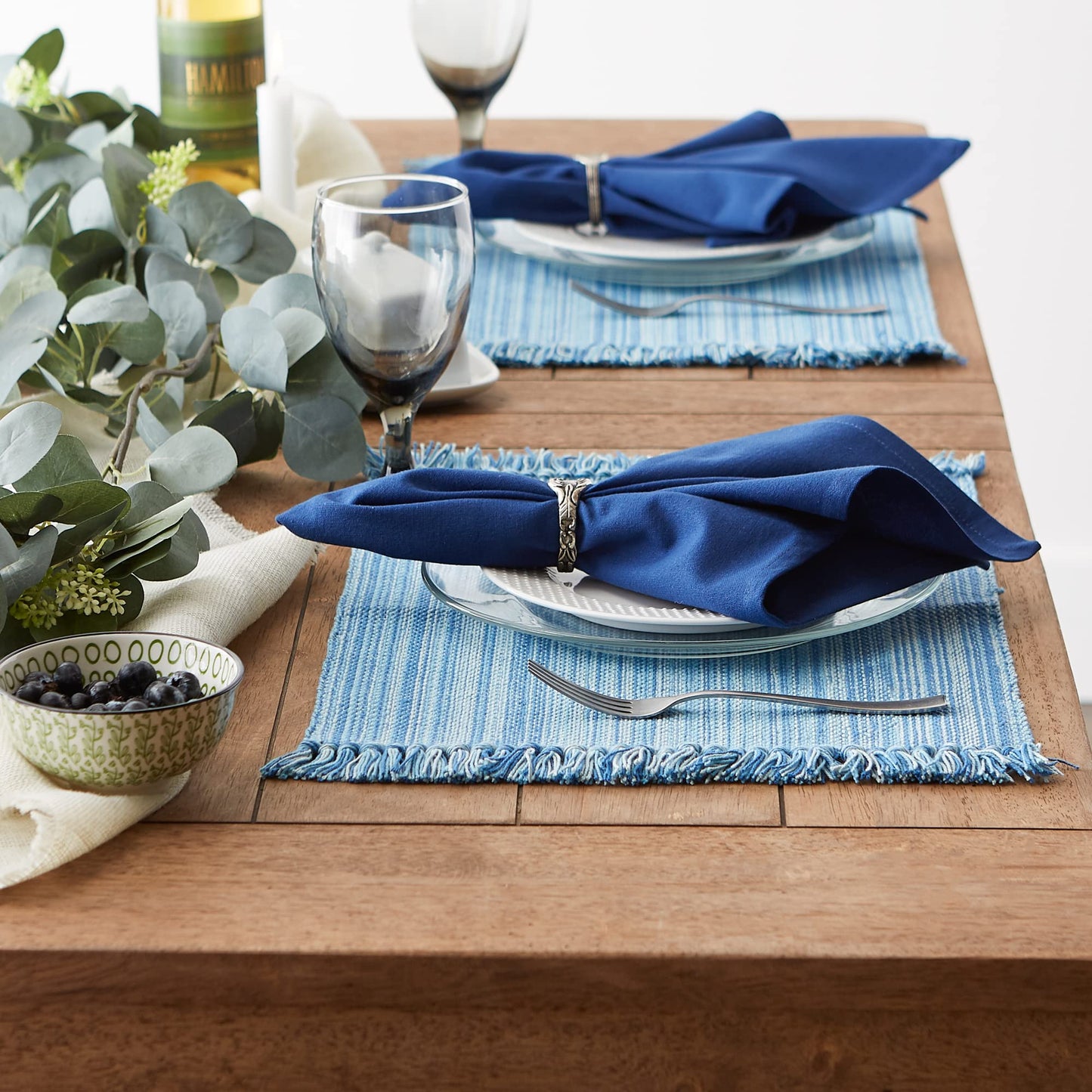 DII 100% Cotton, Tonal Fringe, Variegated, Machine Washable, Everyday Kitchen Basic Placemat, Set of 6, Light Blue