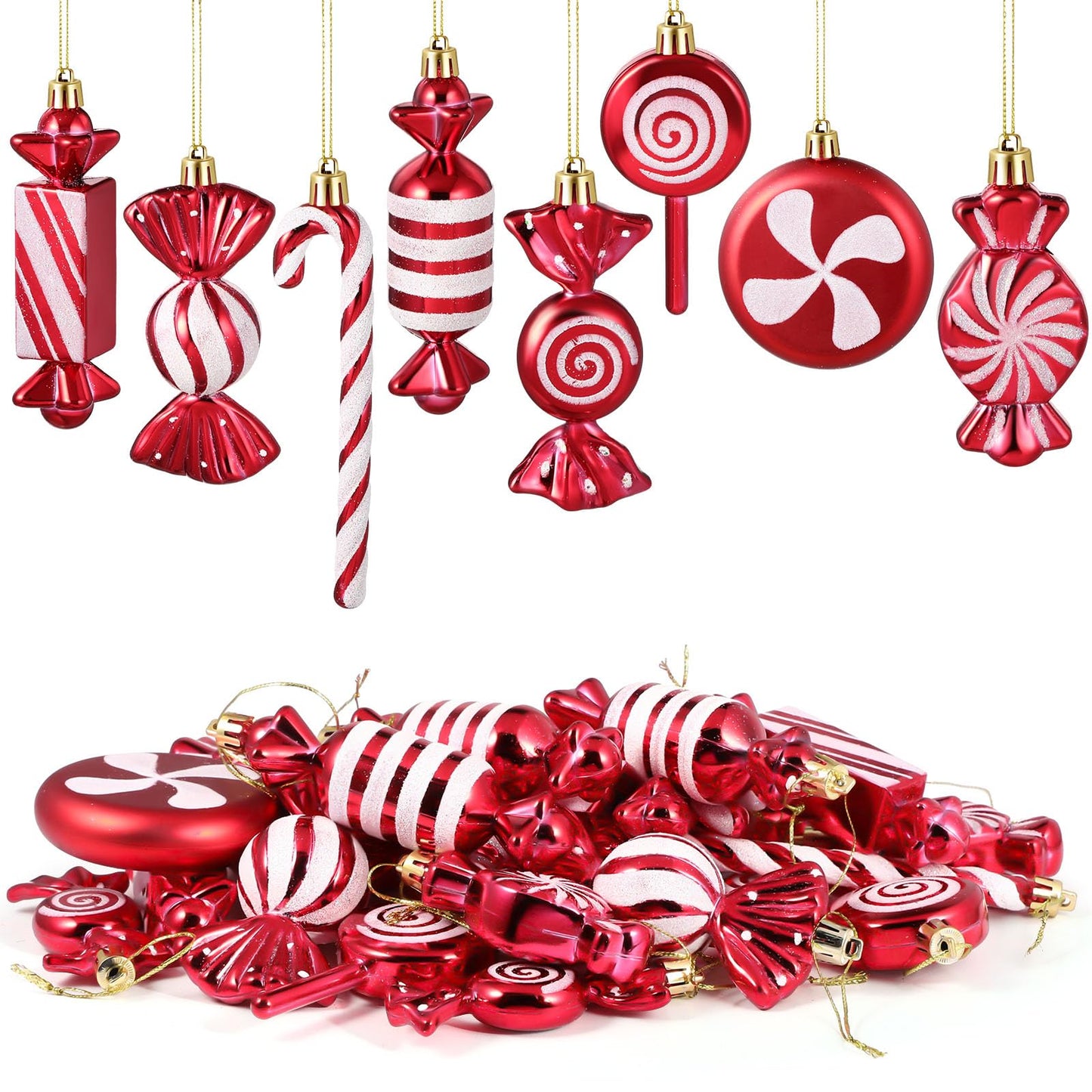 Leyndo 24 Pcs Christmas Candy Hanging Ornament Candy Cane Peppermint Lollipop Decor Glitter Ornament for Home Christmas Tree Party Favor Decoration(Red)