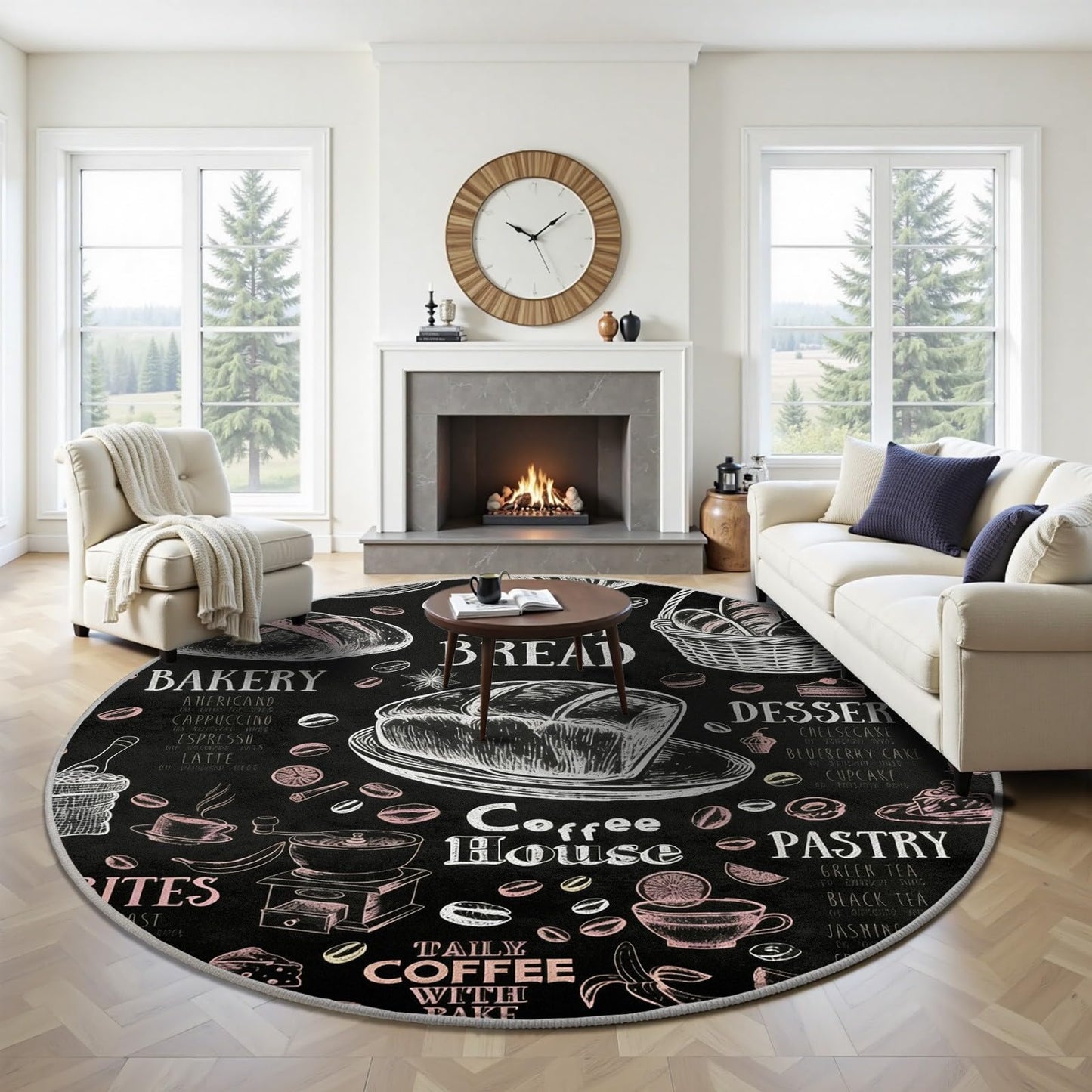 Egljss 5ft Round Rug Non Slip, Coffee Bean Bread Round Carpet for Living Room, Black and White Circle Area Rugs for Bedroom, Coffee Cup Circle Rug Washable for Dining Table Kitchen