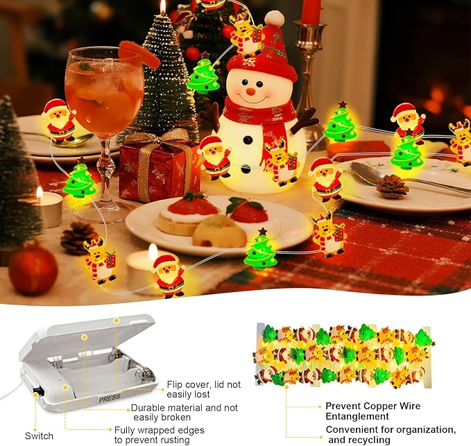 Aogist Christmas String Lights, 16ft 50 LED Battery Powered Reindeer Santa Claus Christmas Tree Decoration Lights for Indoor Outdoot Party Festival Christmas Decorative (2 Pack)