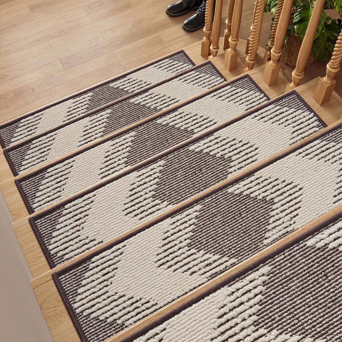 PADOOR 15PC Stair-Treads Non Slip, 3D Peel and Stick Stair Treads for Wooden Steps Indoor, Stair-Carpet Treads Washable Reusable Adhesive Stair-Runner Rugs for Kids and Dogs 8"x30" Chocolate