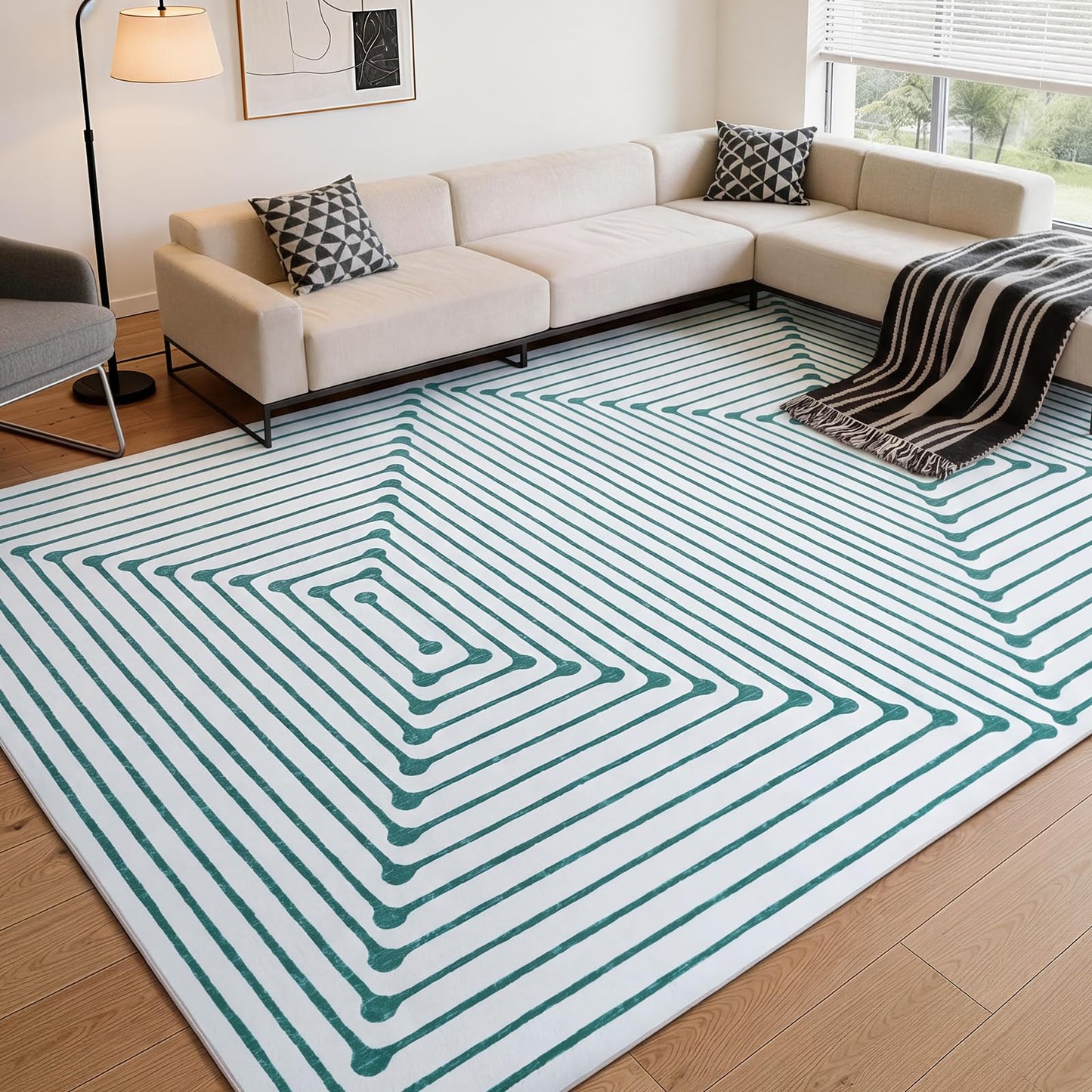 YIHOUSE Washable 8x10 Area Rugs for Living Room, Green Striped Rug for Bedroom Non Slip Low Pile, Large Modern Geometric Carpet for Playroom Dining Room Home Office Decor