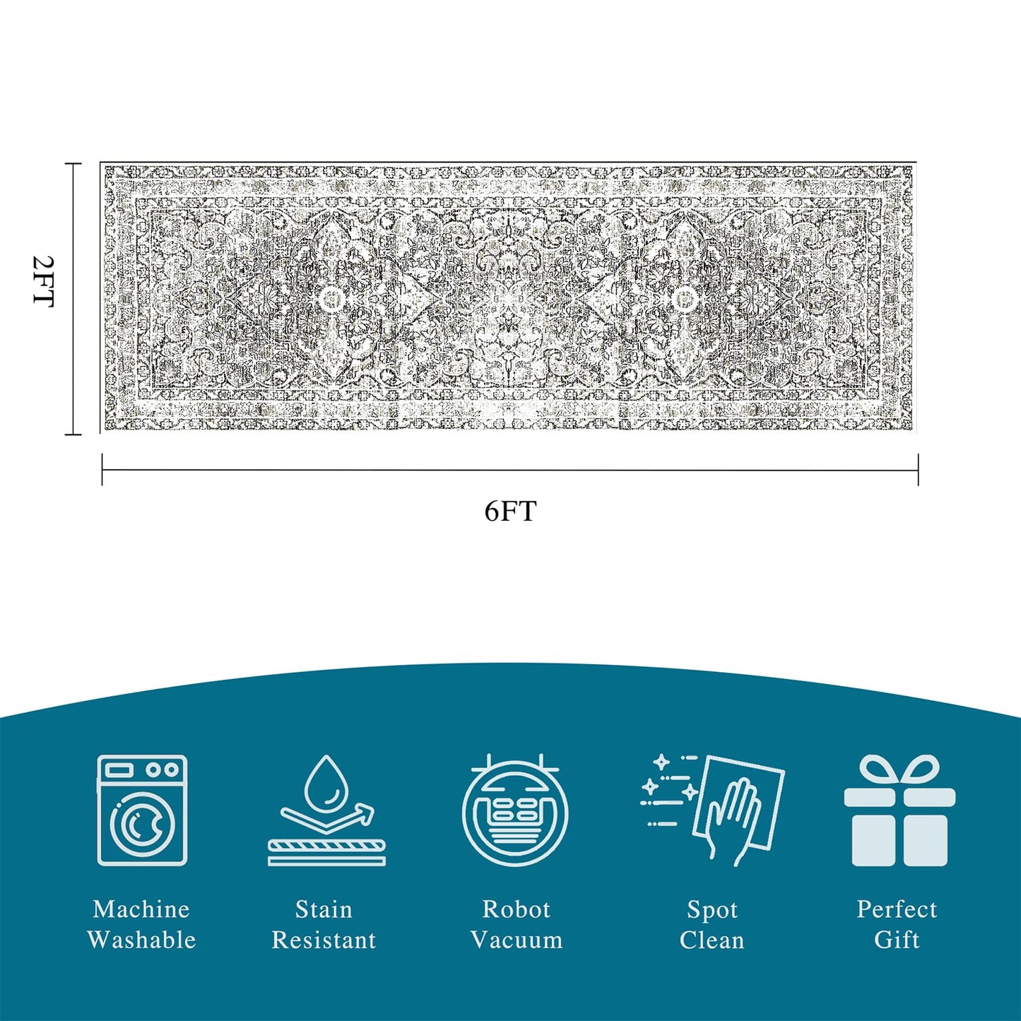 2x6 Hallway Runner Rug Washable : Vintage Soft Kitchen Laundry Runner Non Slip,Farmhouse Entryway Bathroom Distressed Floor Mat,Stain Resistant Bedroom Living Room Beside Carpet