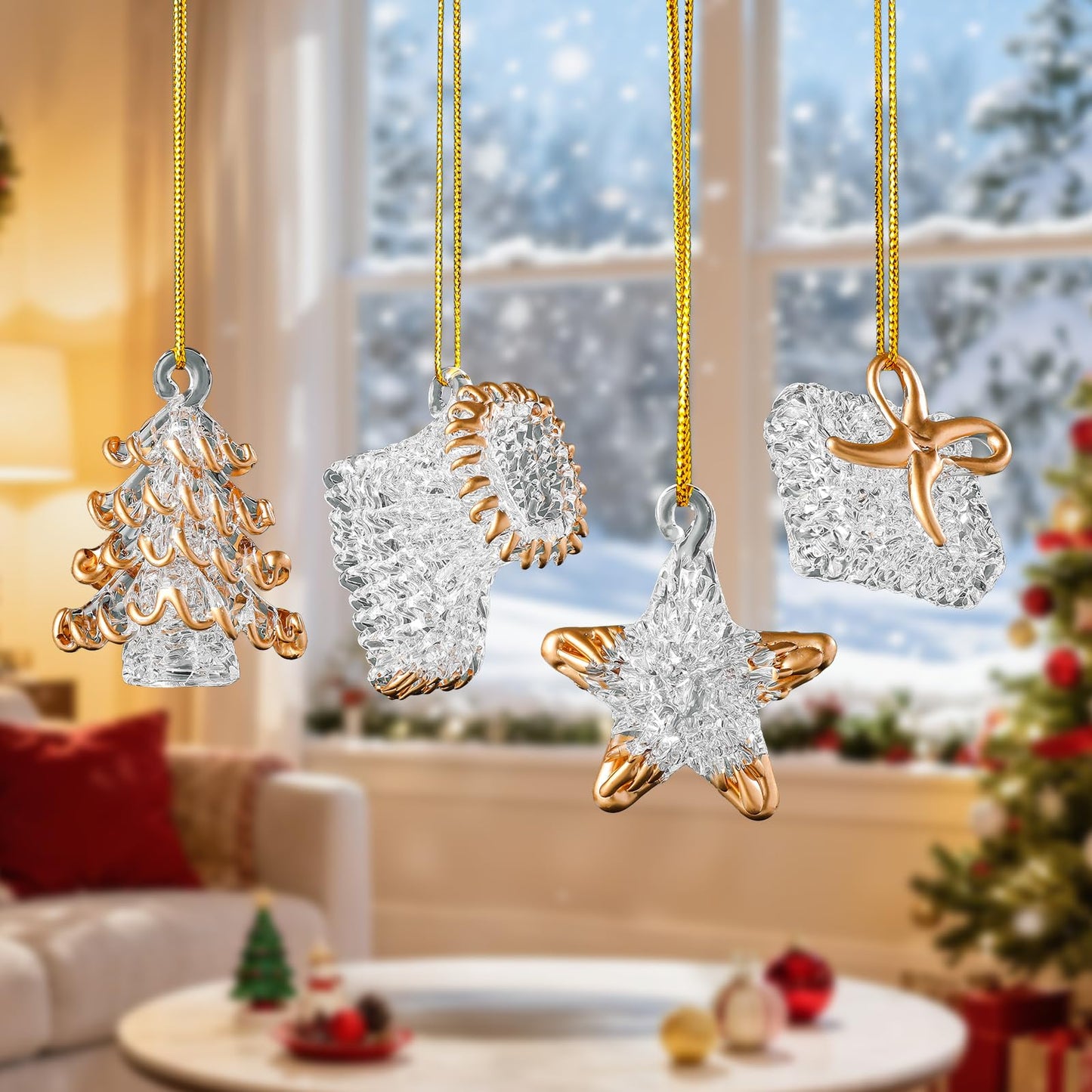 Set of 4 Crystal Glass Christmas Ornaments Glass Christmas Star Crystal Hanging Ornaments for Xmas Tree Winter New Year Party Supplies