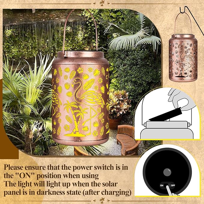 Flamingo Solar Lanterns Outdoor Waterproof Garden Decor Lantern Gifts for Mother Grandma, Retro Metal Hanging Solar Lights Decoration Outside for Yard, Patio, Backyard, Porch, Flamingo Gifts