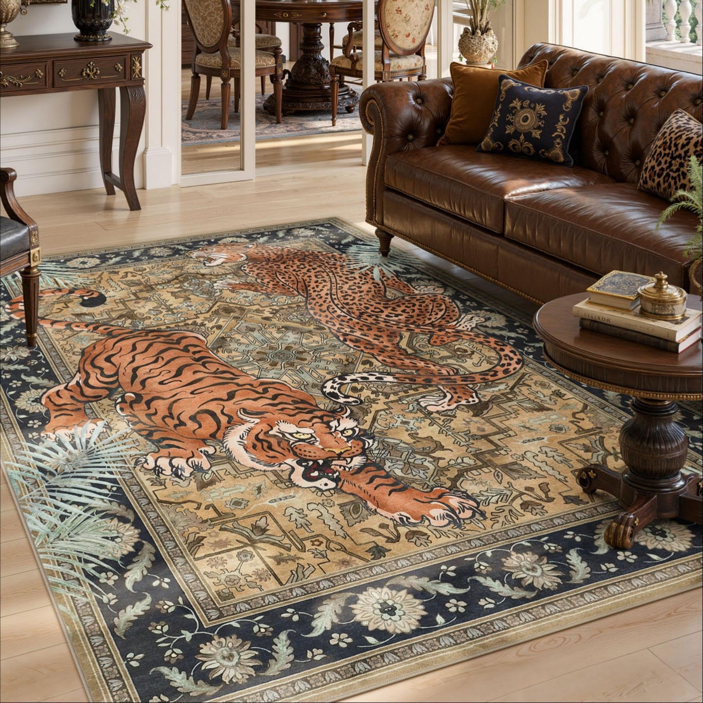Tribesigns Tiger Leopard Print 5x7 Brown Area Rug, Boho Animal Washable Living Room Bedroom Rug, Soft Non Slip Low Pile Indoor Throw Dining Room Carpet for Office Playroom, Oeko-Tex Certified