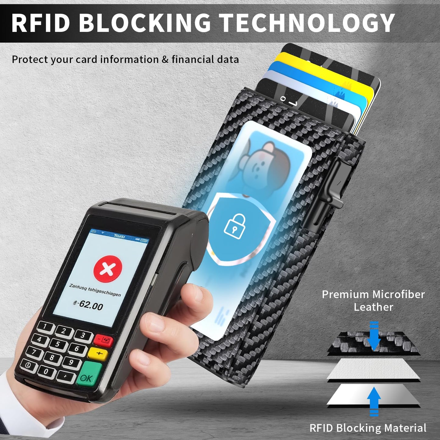 KISUEDZP Wallet for Men Slim Minimalist Pop-up Smart Holds 5-6 Cards - RFID Blocking Metal with Money Clip, Credit Card Holder & ID Window,Business Card Cases men accessories(Carbon)