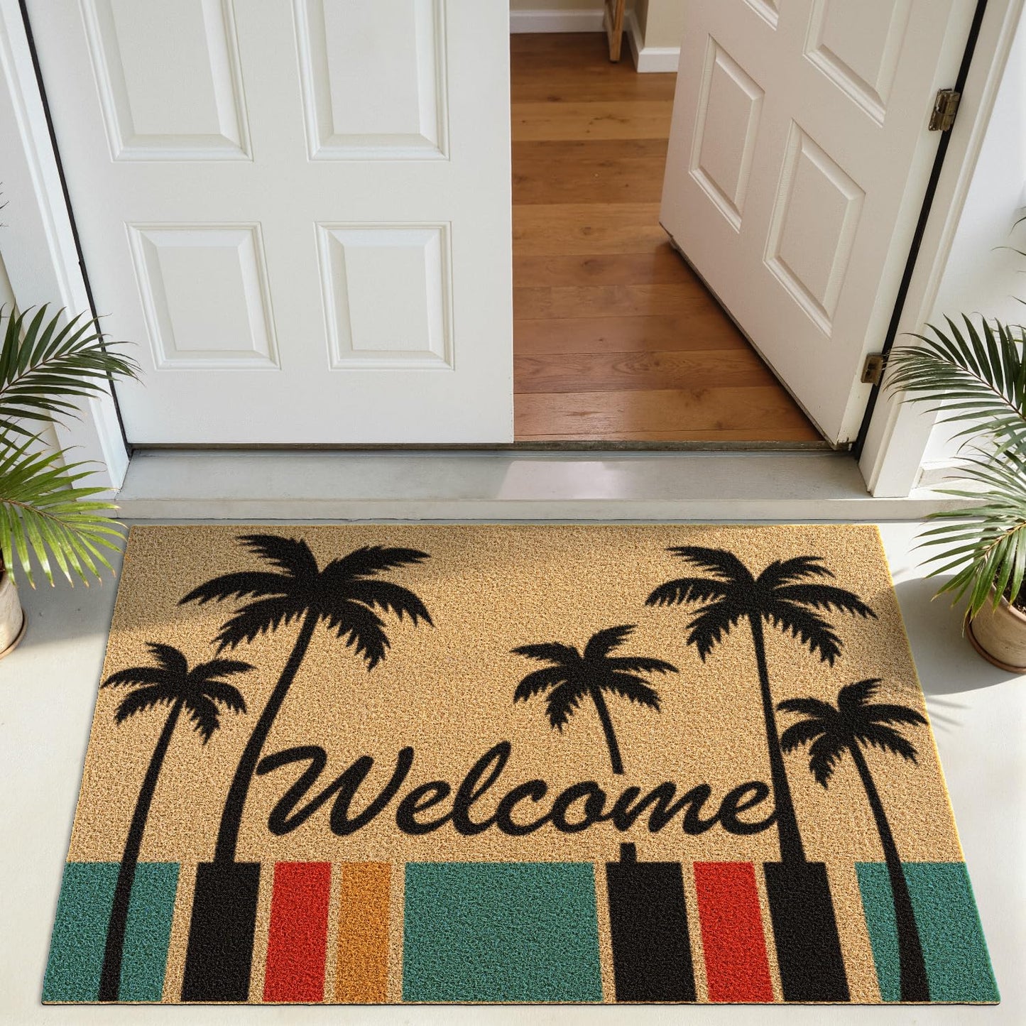 DEXI Front Door Mat Outside Entrance, 32x48 Heavy Duty Welcome Entry Summer Tropical Plant Doormat, Non Slip Entryway Floor Dirt Trapper for Porch Patio, Coconut Tree