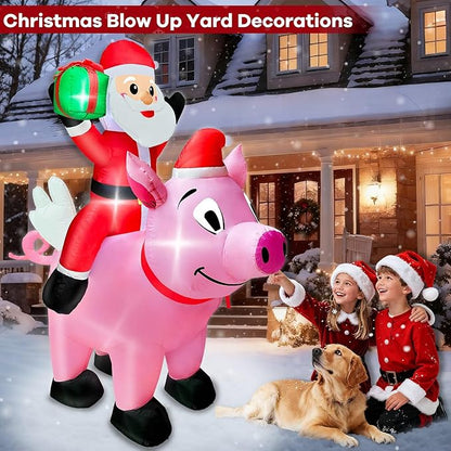 6 Ft Christmas Inflatable Outdoor Decoration, Blow Up Santa Claus Riding Flying Pig with Built in LEDs Lights,Christmas Inflatables with Gift Box for Farm Yard Garden Lawn Outside Indoor Holiday Party