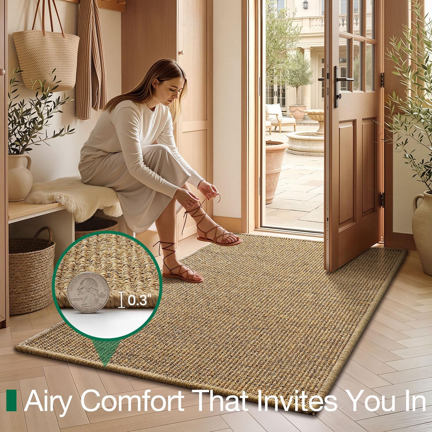 LUMI Handwoven Sisal Door Mat, Non-Slip Durable Entryway Mat, Welcome Front Doormat, Solid Floor Mats for Entrance, 24"x36", Brown Sisal