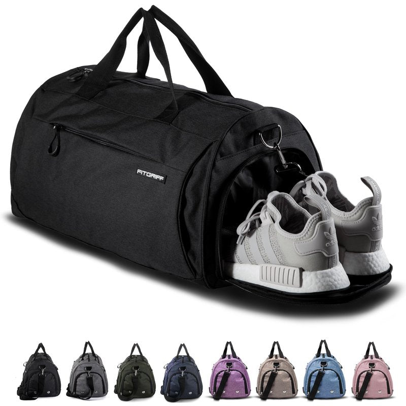Fitgriff® Gym Bag for Men & Women with Shoe & Wet Compartment - Duffle Bag for Travel, Sports, Fitness & Workout (Full Black, 19 x 10 x 10″ (Small))