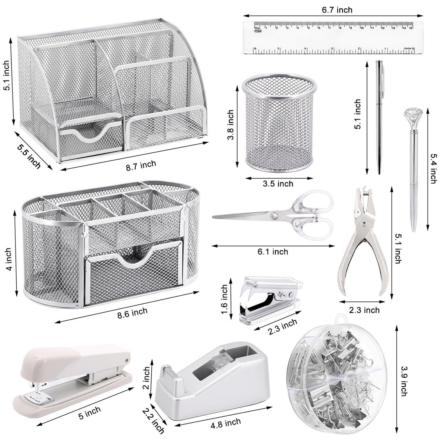17 in1 Silvery Desk Organizers and Accessories Set, 3 Office Desk Supplies Storage Organization, 4 Pens, Stapler, Staples & Remover, Tape & Dispenser, Scissors, Ruler, Clips, Hole Punch Back to School