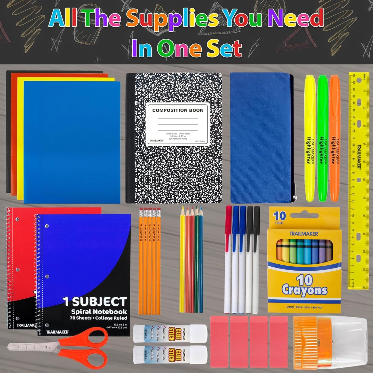 Trail maker School Supplies Kit 45 Piece School Supply Kit Grades K-12 – Back to School Essentials Includes Folders Notebooks Pencils Pens and Much More!