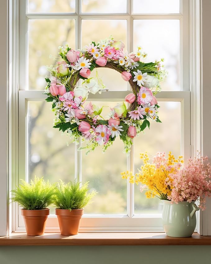 Spring Summer Wreath for Front Door 20”, Artificial Flower Door Wreath with Pink White Roses Tulip Dasiy Wreaths with Hook for Windows Wall Deco Indoor Outdoor