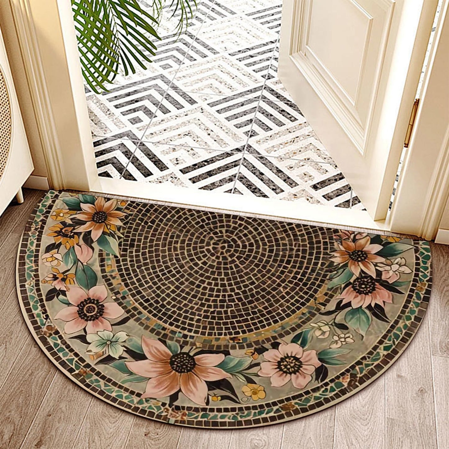 Half Round Door Mat 17"x30" Brown/Pink, Retro Blossoming Flowers Boho Semi Circle Rug, Non-Slip Washable Absorbent Mat, Soft Half Moon Floor Mat for Indoor Outdoor Front Door Kitchen Bathroom Patio