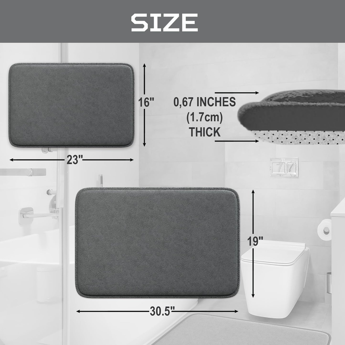 Elvoki 2-Piece Bathroom Rug Set - Memory Foam Bath Mats, Ultra-Soft, Water Absorbent, Machine Washable Charcoal Bathroom Rugs