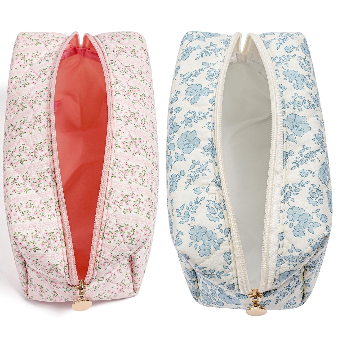 HHQQWZ Makeup Travel Cosmetic Bag, Two Pack: Pink+Blue Floral, Zipper Closure, Durable Polyester, Perfect for Toiletry, Makeup, Travel