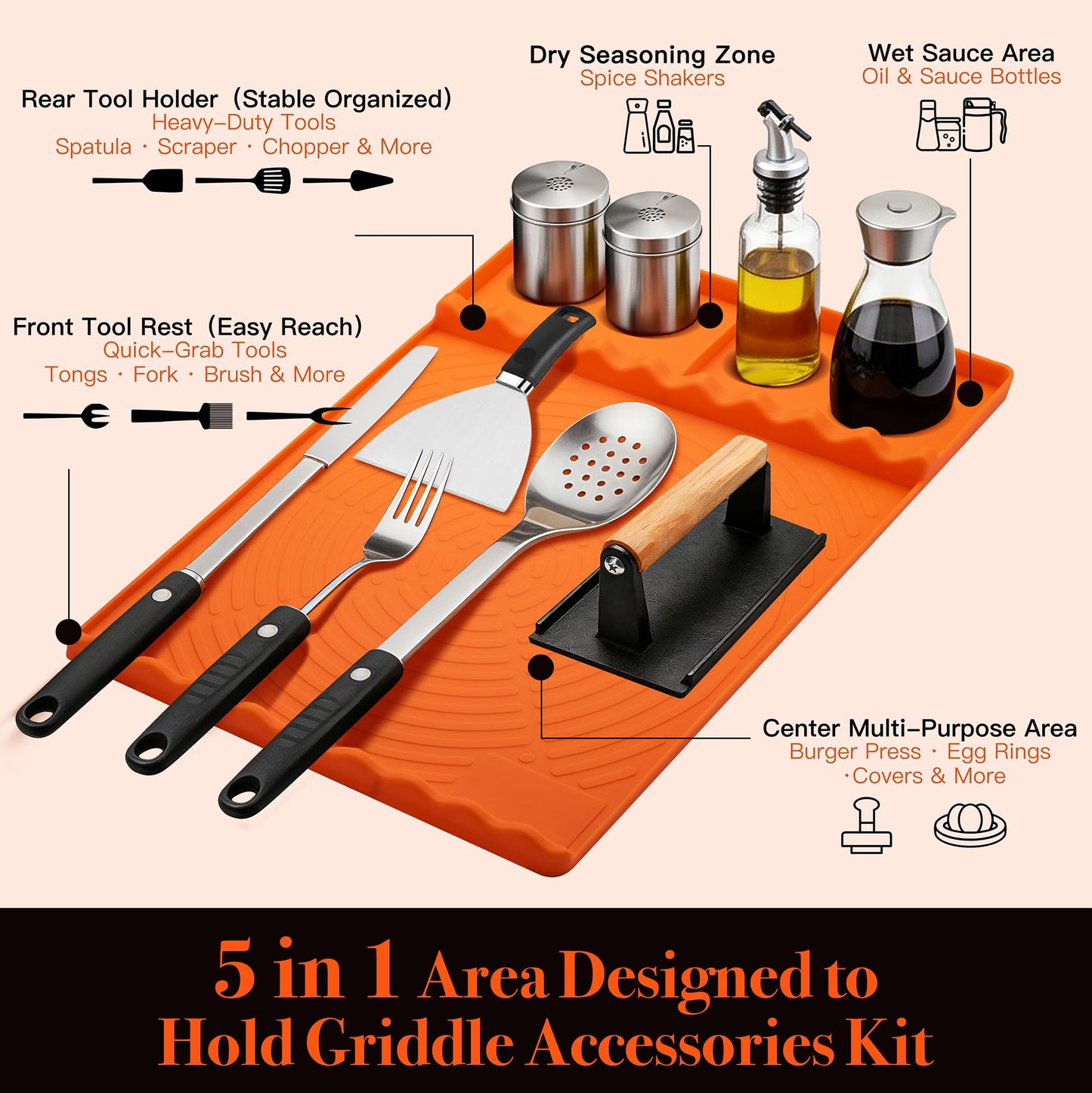 Silicone Grill Mat for Blackstone - BBQ Griddle Tools Side Mat with Drip Pad, Griddle Tools Mat for Outdoor Kitchen Countertop, BBQ Grill Accessories Gifts for Men (Orange)