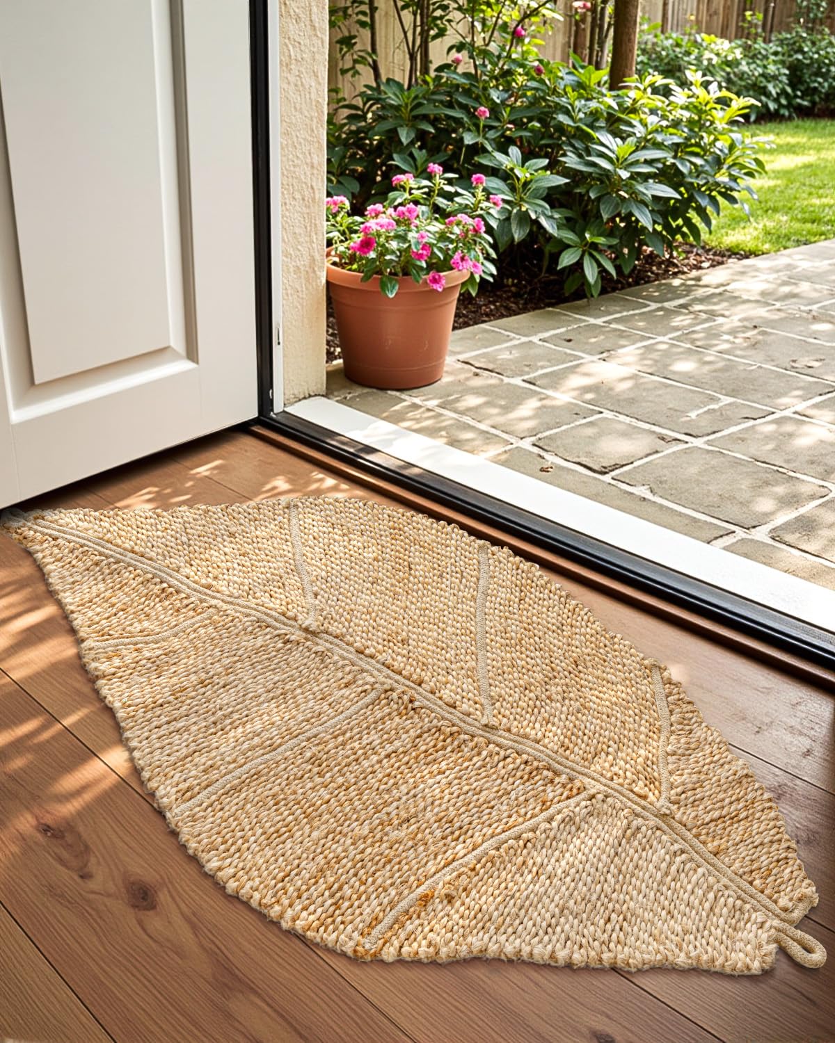 DEXI Jute Door Mat Inside Entryway Braided Woven, 32x20 Front Entrance Doormat Inside Leaf Shaped, Welcome Natural Fiber Entry Mats Farmhouse Home Decor, Beige