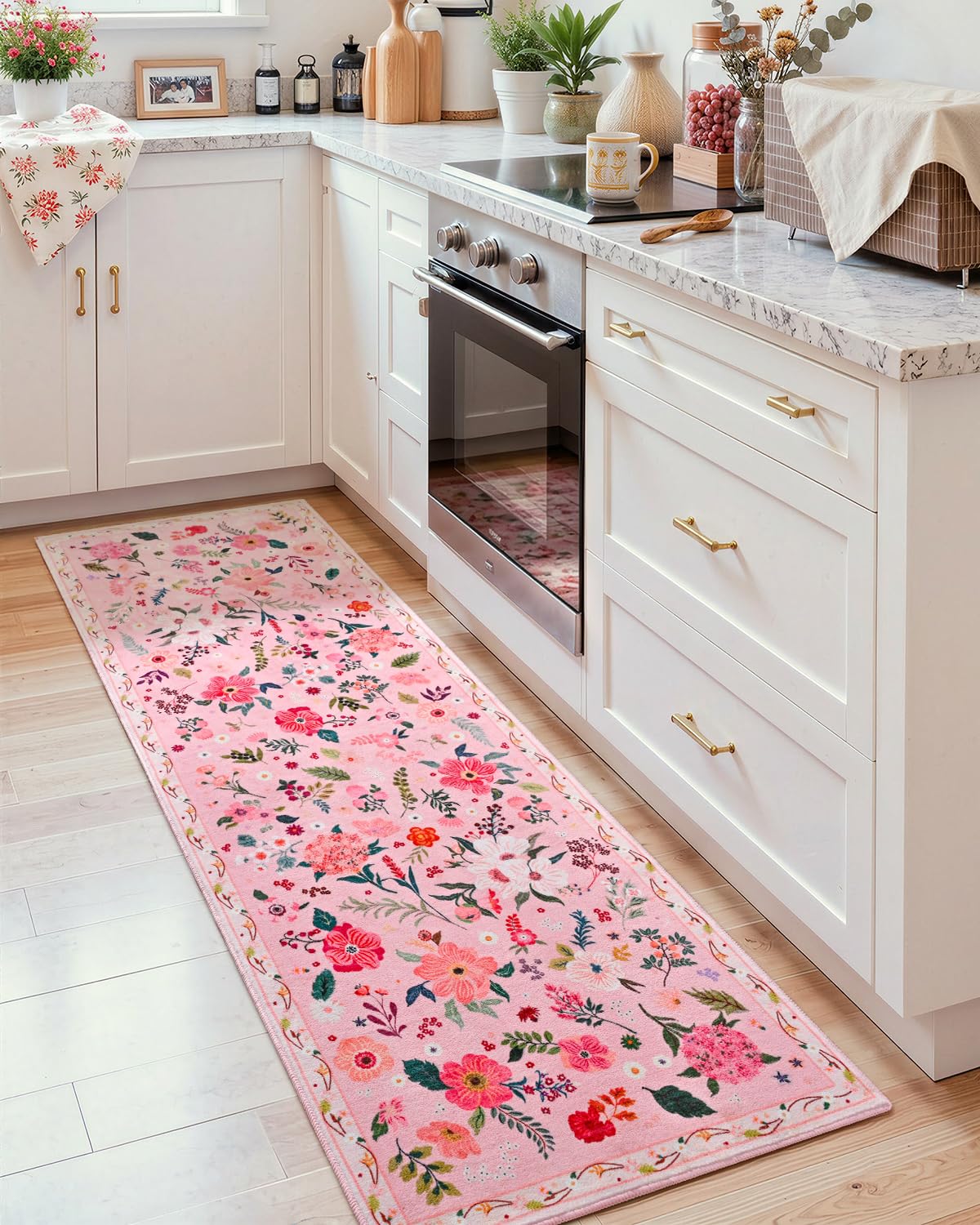 Macgace Pink Floral Runner Rug, 2x6 Flowers Printed Washable Rugs with Non Slip Backing for Girls Bedroom Kitchen Hallway, Cute Carpet Runners Home Aesthetic Decor