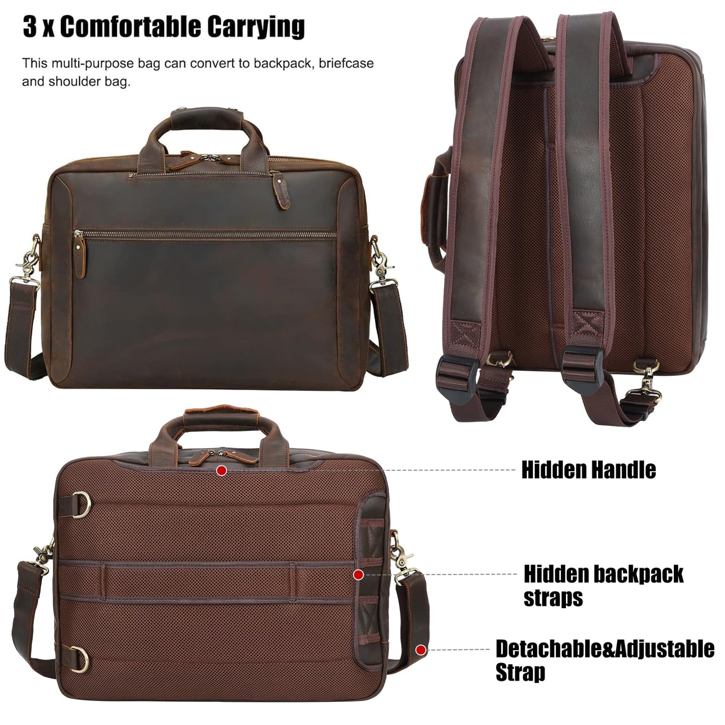 TIDING Leather Convertible Briefcase Backpack for Men, Large 15.6 Inch Laptop Messenger Bag Work Business Travel Crossbody Shoulder Bag
