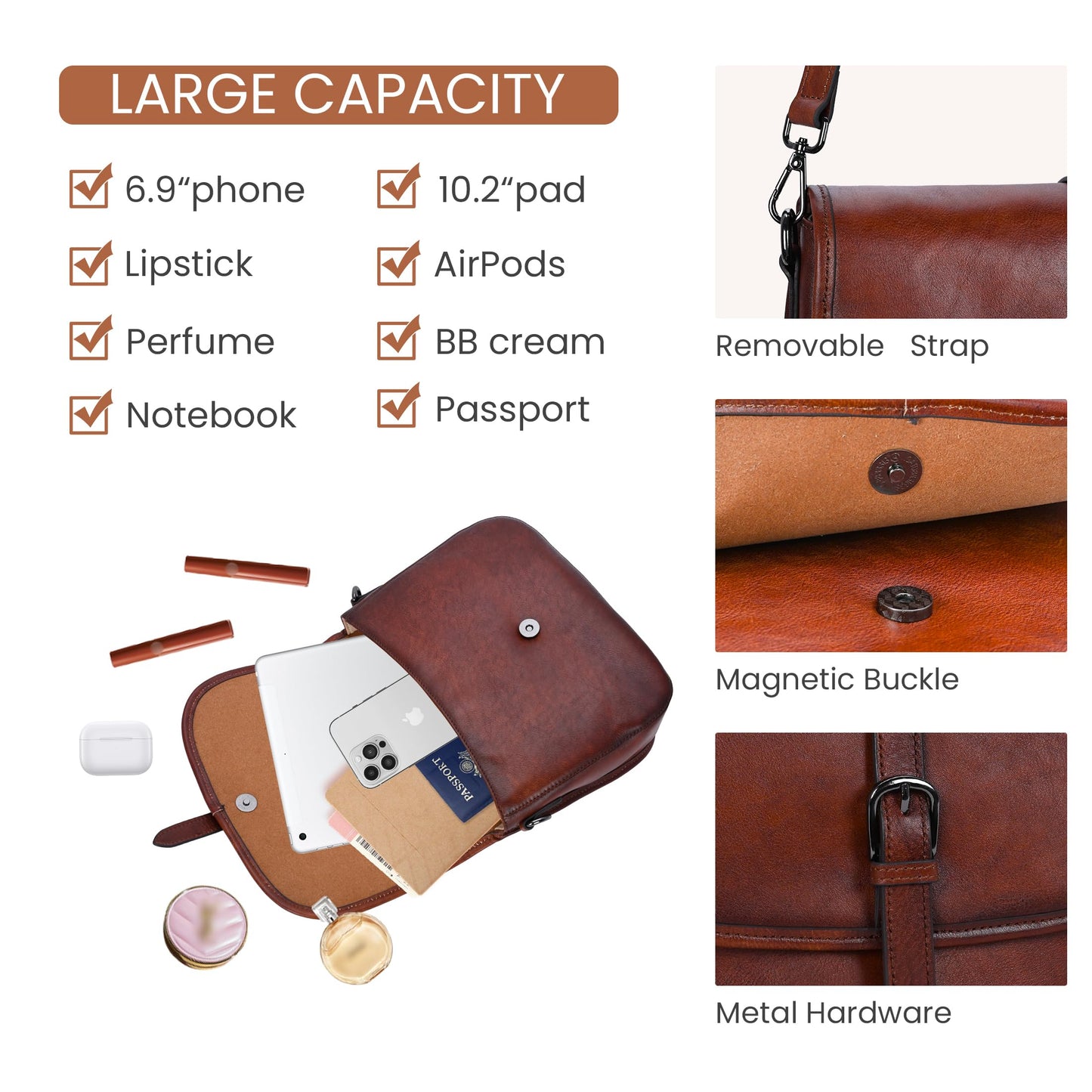 HESHE Geuinue Leather Purses for Women Crossbody Bags Shoulder Handbag Vintage Flap Saddle Purse Travel Cross Body Bag Hobo Satchel with Pockets(Brown)