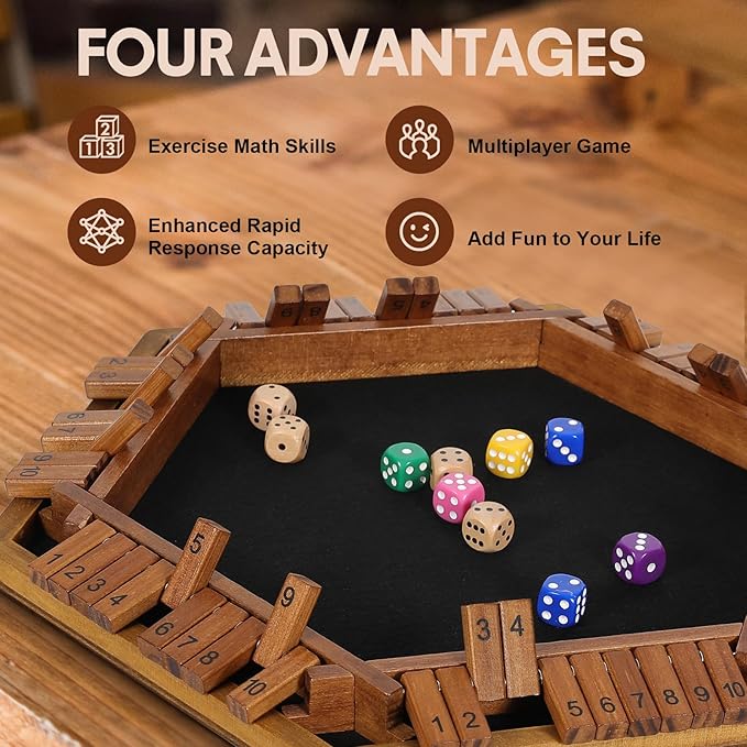 Upgraded 1-6 Player Shut The Box Dice Game with 12 Dice+Bonus Wooden 12 Dice Classic Wooden Board Table Math Game for AdultsKids/Tabletop Board Games for ClassroomHomeParty or Pub