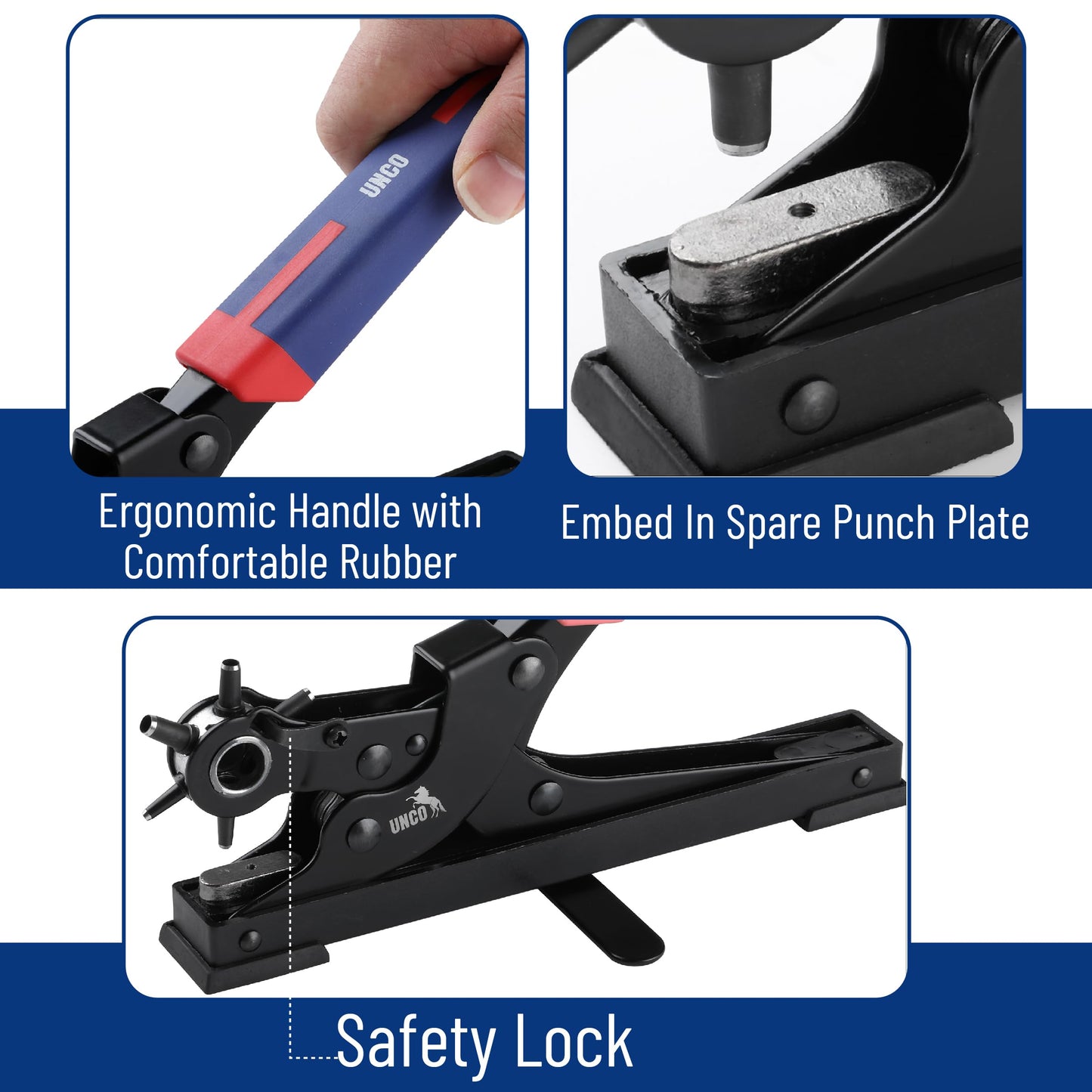 UNCO- Desktop Leather Hole Punch Tool, 6 Punch Sizes, Belt Hole Puncher for Leather, Dog Collars, Watch Straps, Footwear, Fashion Accessories and Crafting