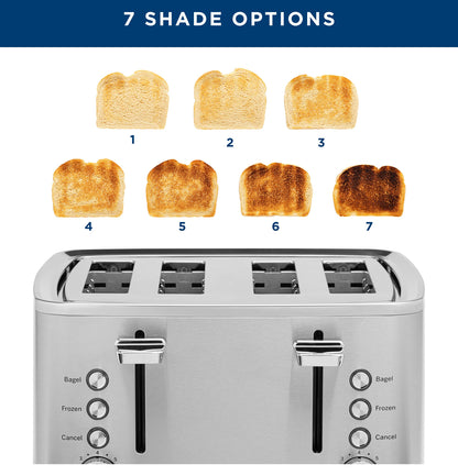 GE Stainless Steel 4 Slice Toaster | Extra Wide Slots for Bagels, Breads, Waffles & More | 7 Shade Options | Countertop Kitchen Essentials | 1500 watt