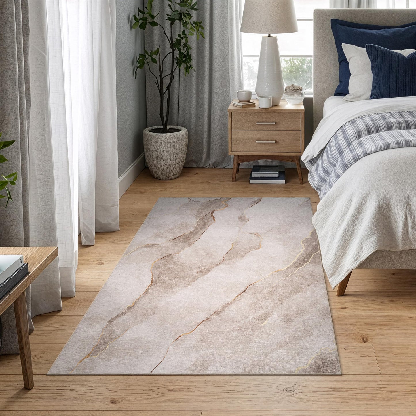 Bloom Rugs Caria Washable Non-Slip 3x5 Rug - Ivory/Gold Modern Abstract Area Rug for Living Room, Bedroom, Dining Room, and Kitchen - Exact Size: 3' x 5'