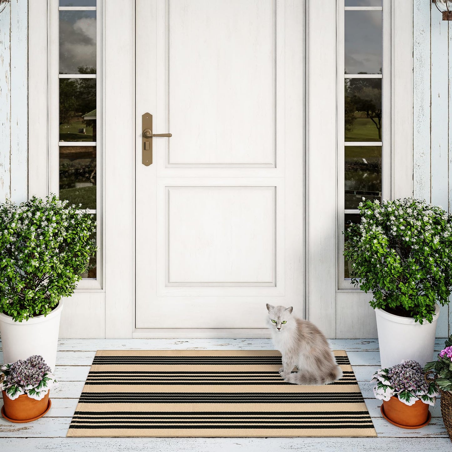 Sungea Striped Outdoor Front Door Mat 24"x51", Cotton Hand Woven Washable Black and Khaki Rug Runner, Reversible Foldable Indoor Layered Front Door Rugs for Entryway/Farmhouse/Home Entrance