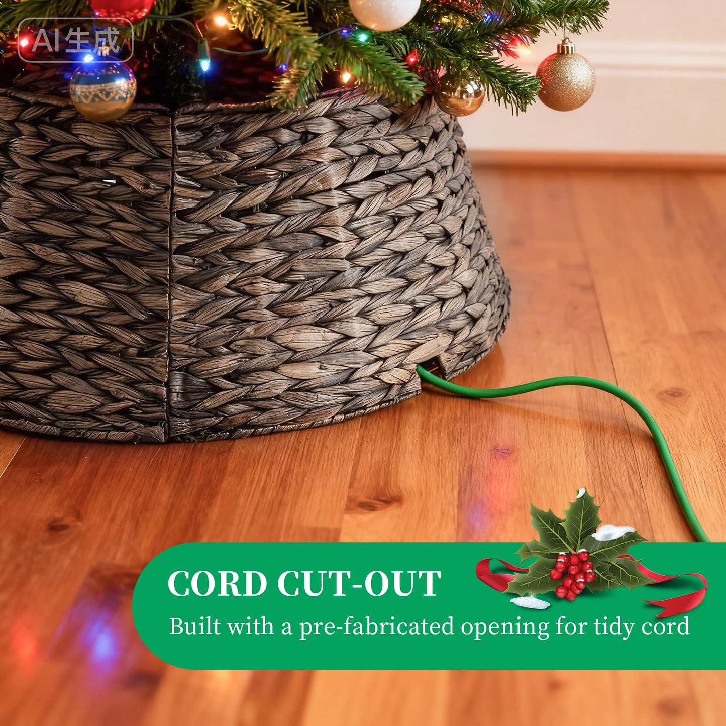 DUMOS 24in Christmas Tree Collar for 4-7ft Trees, Handcrafted Woven Hyacinth Rattan 4-Panel w/Cord Access Hole & Easy Lock Design, Holiday Decor, Black