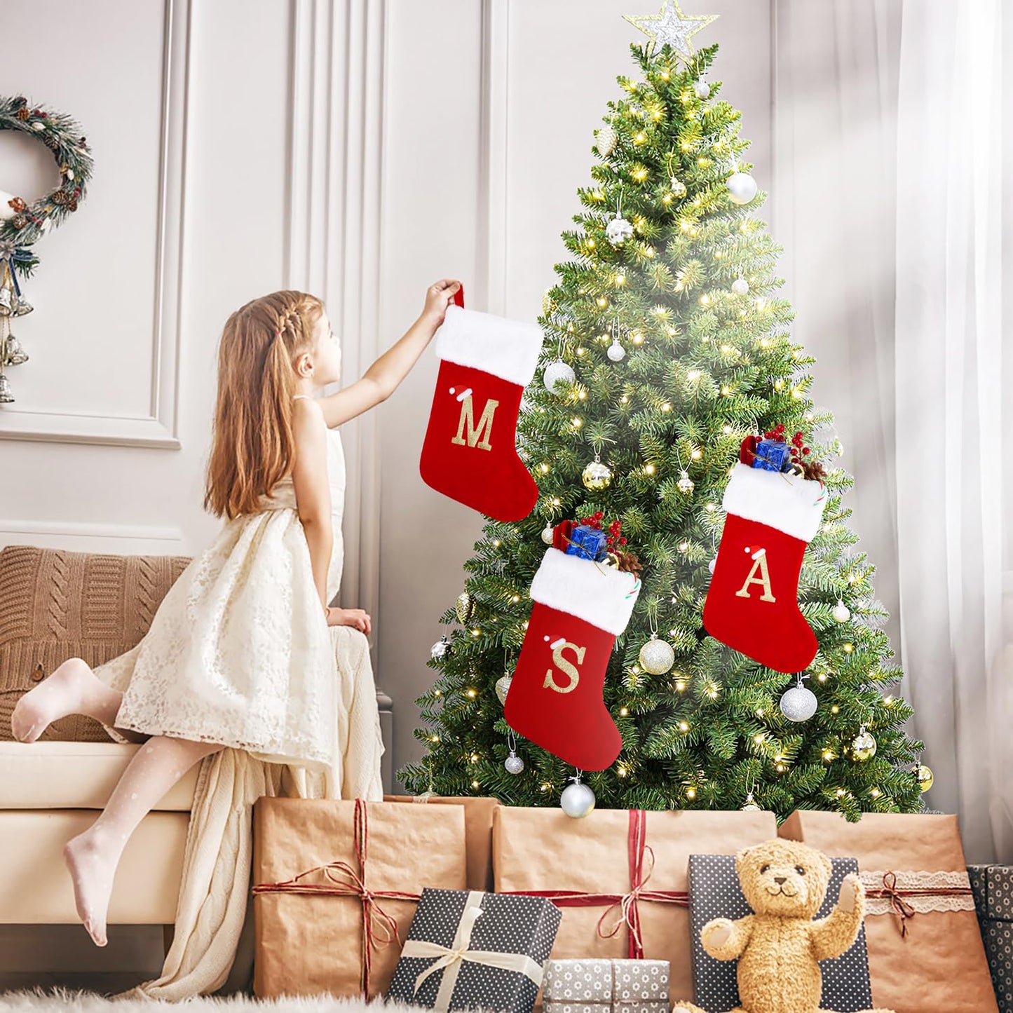 20 Inches Monogram Christmas Stockings with Letters, Large Super Soft Christmas Stockings Red Velvet with White Super Soft Plush Cuff for Christmas Xmas Tree Holiday Fireplace (A)