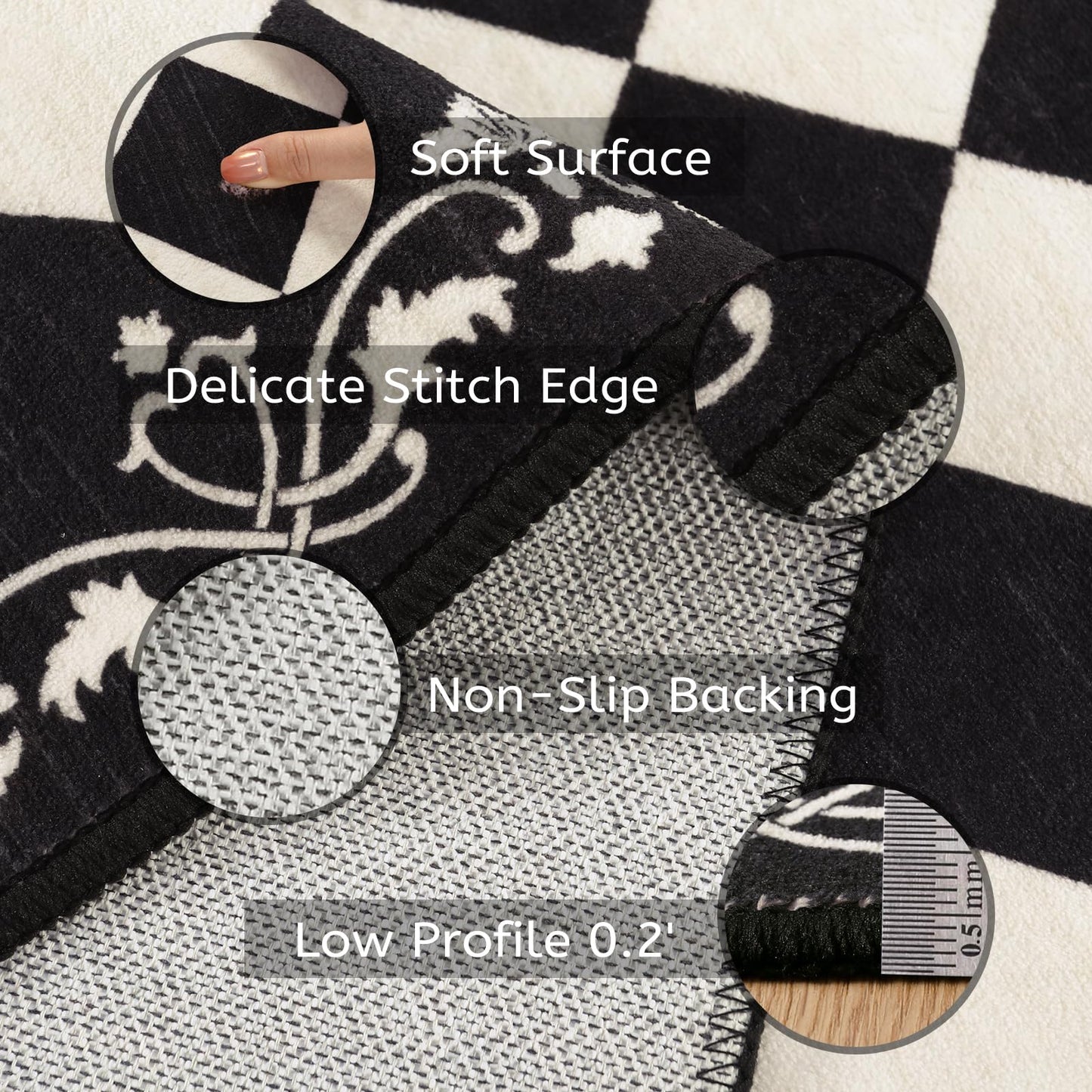 Zealude Moroccan Trellis Black and White Runner Rug 2.5x8 Washable Carpet Runners for Hallway 8ft, Soft Low Pile Checkered Bathroom Rug Gingham Print Kitchen Mordern Plaid Carpet for Bedsides Laundry