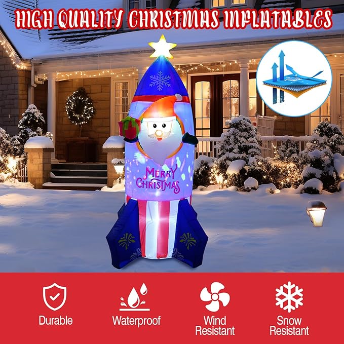 7.2 FT Inflatable Santa Ride Rocket with Gift Box Decorations, Blow Up Yard Decoration Rocket with Built-in Colorful LED Lights for Christmas Decorations