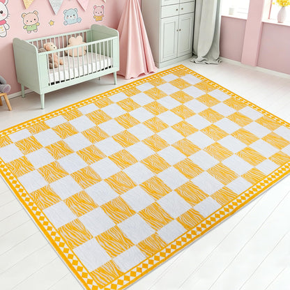 Lacomfy Checkered Rug Carpet 5x6.6Ft Modern Abstract Zebra Mat for Kids Boys Girls Bedroom Farmhouse Living Room Office Entryway Decor, Chic Stripe and Checkerboard, Nonslip Washable, Yellow