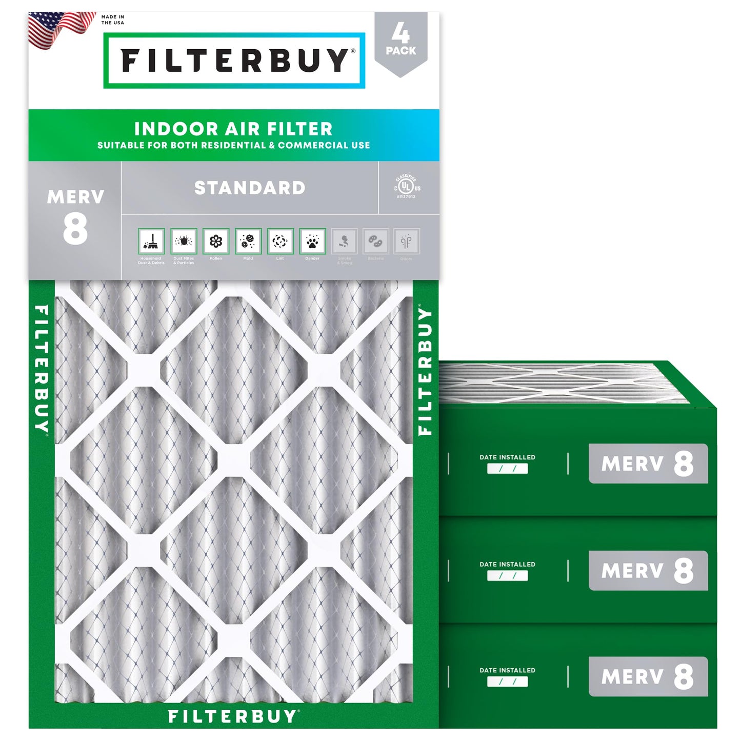 Filterbuy 12x24x4 Air Filter MERV 8 Essential Dust & Allergy Defense (4-Pack), Electrostatic Pleated HVAC AC Furnace Filters Replacement, Made in USA (Actual Size: 11.50 x 23.38 x 3.63)