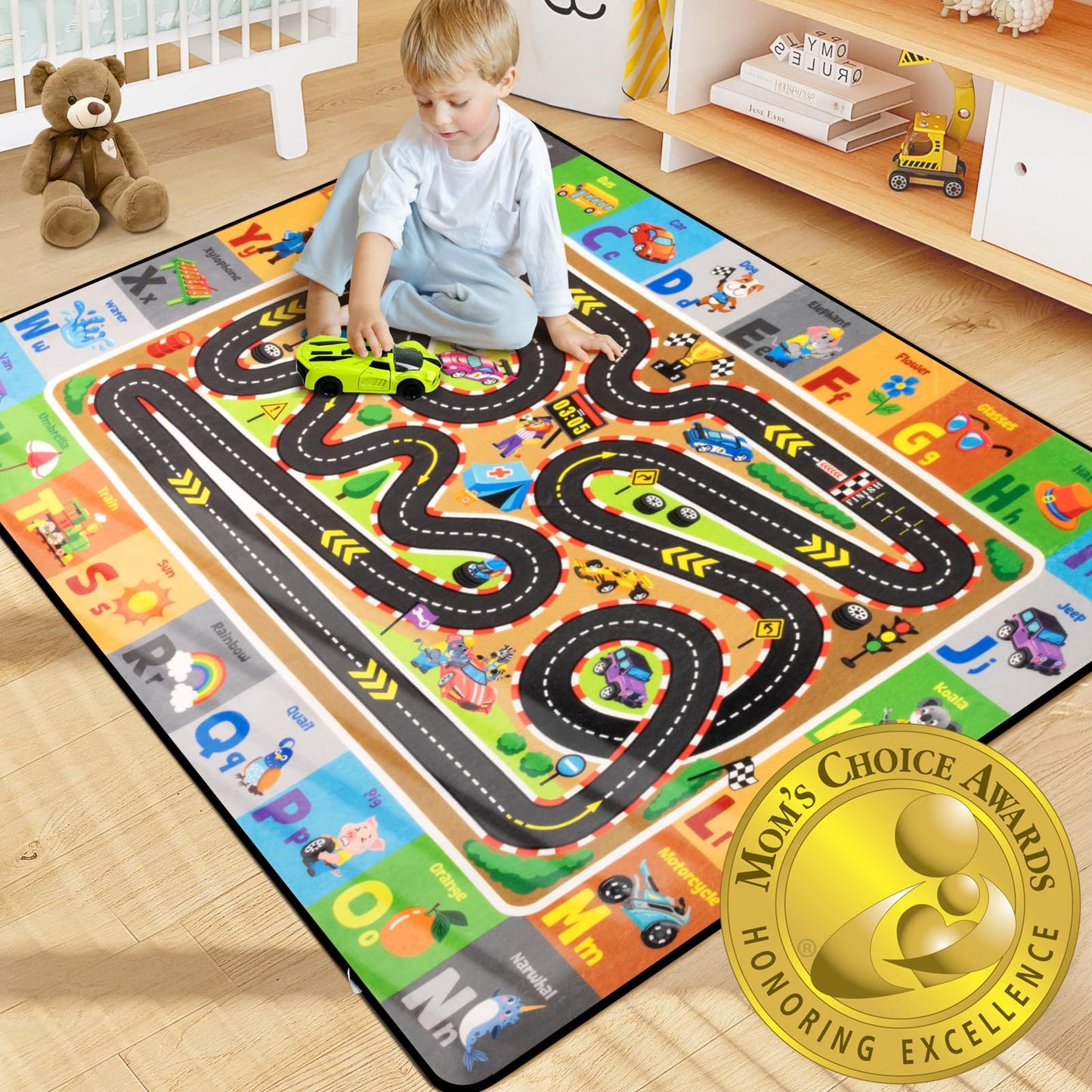 Diysani Race Track Rug, Car Road Rug for Kids, Non-Slip Kids Playroom Carpet, Washable Educational Carpt for Learning Alphabet, Animals, 6x9 feet