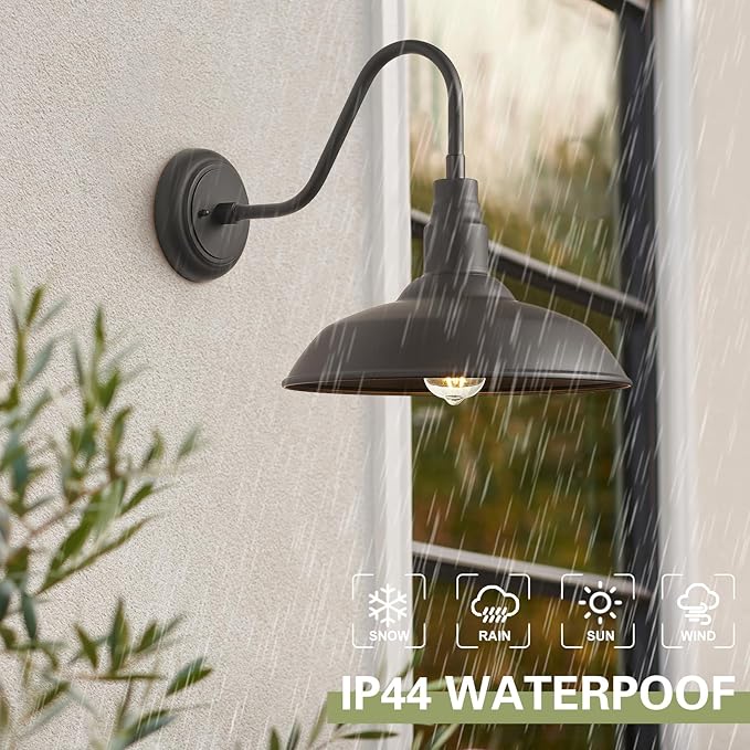 2 Pack Outdoor Barn Farmhouse Light with 14in Dome, Exterior Gooseneck Lights Fixture for House, Dark Bronze Outside Wall Mount for Porch, Patio, Entryways