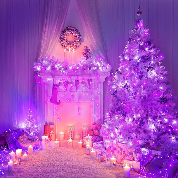Vivideal 100 LED String Lights Outdoor Waterproof 33ft Purple String Lights Clear Wire with 8 Modes Plug in Purple Christmas Light for Tree Party Christmas Decorations