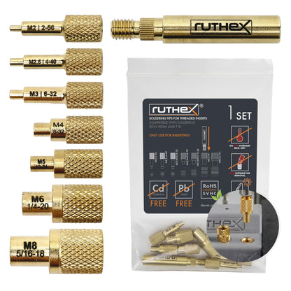 ruthex 7X Soldering Tips/Heat Set Insert Tips - for Thread Inserts M2 / M2.5 / M3 / M4 / M5 / M6 / M8 - #2-56 / #4-40/ #6-32/ #8-32/ #10-24 1/4" and Soldering Iron Adapter 900M / T18