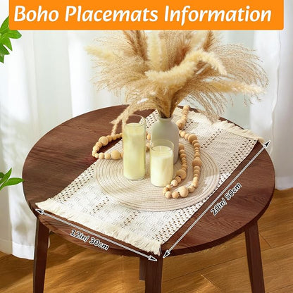 4 Sets Boho Decoration Placemats Round Woven Placemats, Cloth Napkins, Wood Bead Napkin Rings, Long Table Runner and Farmhouse Burlap Cotton for Table Kitchen (White,12x72)