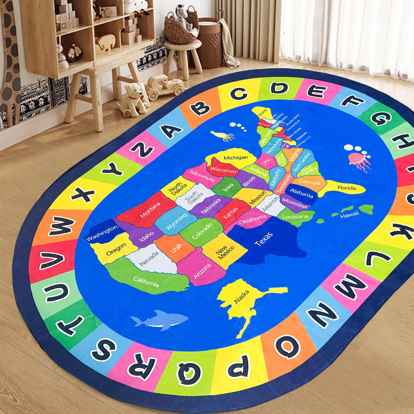 USTIDE Large Oval Kids Rug 6x9 Ft USA Map Area Rugs ABC Alphabet Educational & Fun Non-Slip Map Themed Play Mat for Bedroom Classroom Playroom